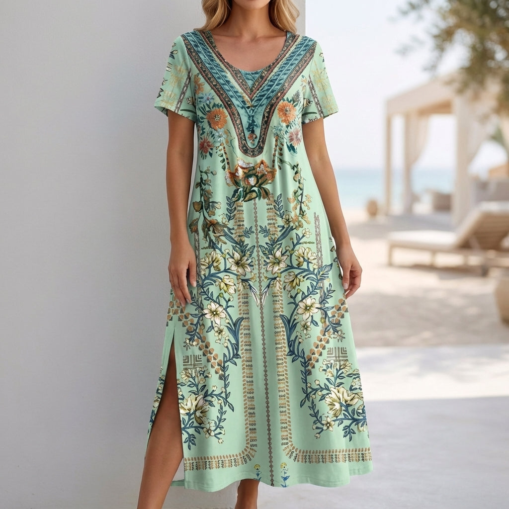 Bohemian Print Maxi Dress with Embellished V Neck and Side Slit
