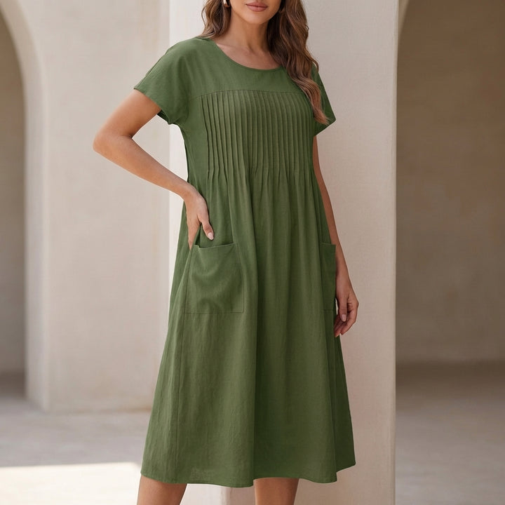 Pleated Front Maxi Dress with Relaxed Silhouette and Patch Pockets