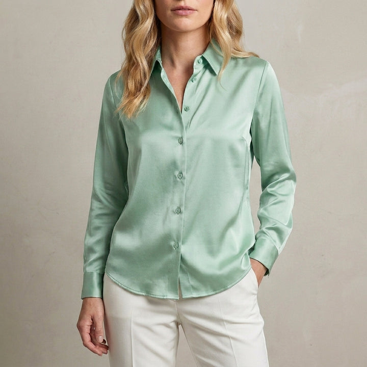 Tailored Button Front Blouse with Refined Point Collar