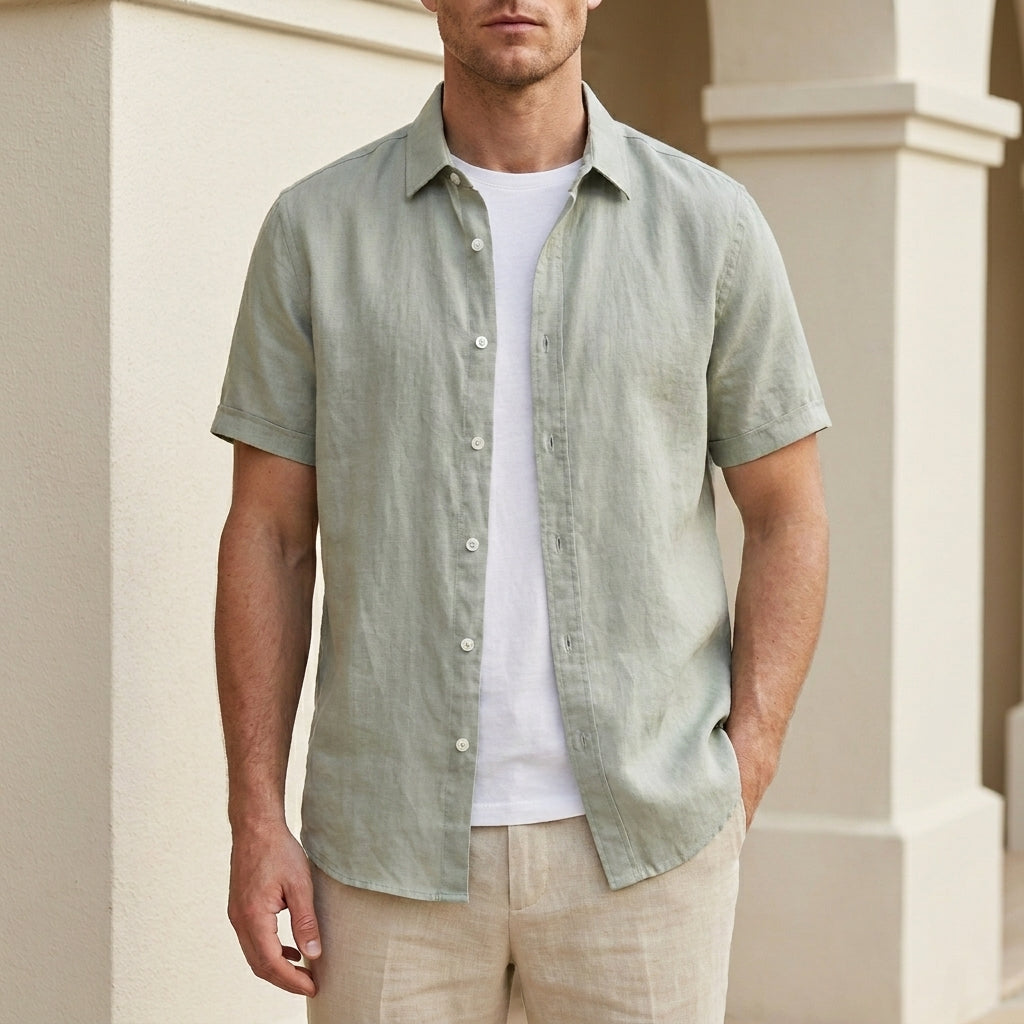 Relaxed Short Sleeve Button Front Shirt with Rolled Cuffs