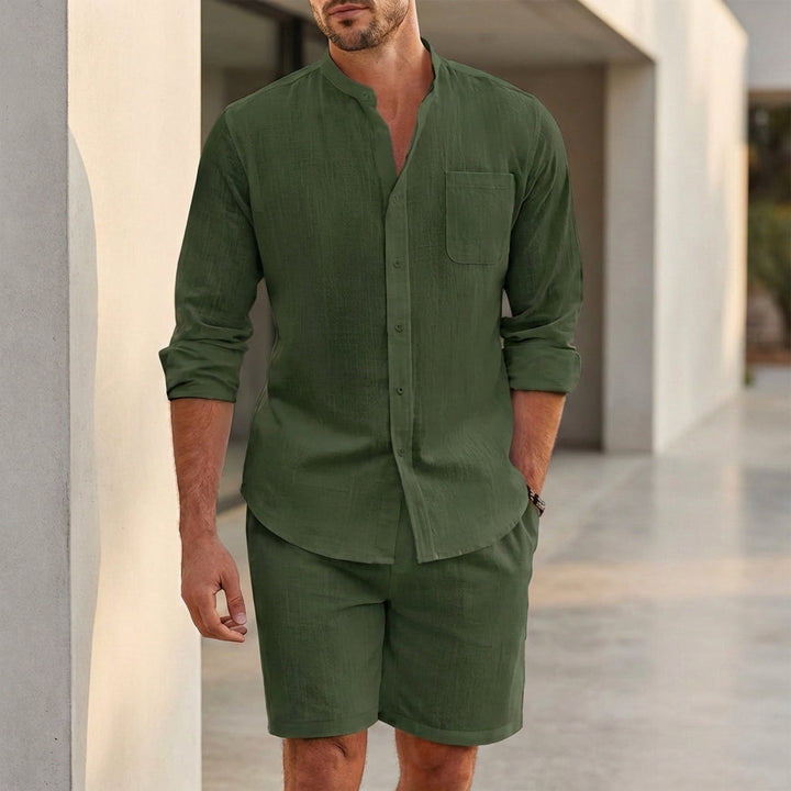 Relaxed Two-Piece Set with Band Collar Shirt and Tailored Shorts
