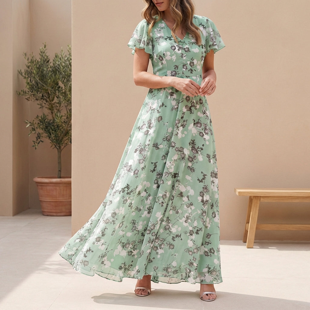 Chiffon A-Line Maxi Dress with V-Neck and Flutter Sleeves for Special Occasions