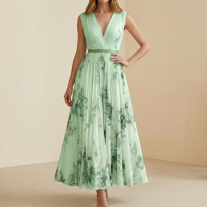 Pleated Floral Midi Dress with Deep V Neckline and Waist Accent