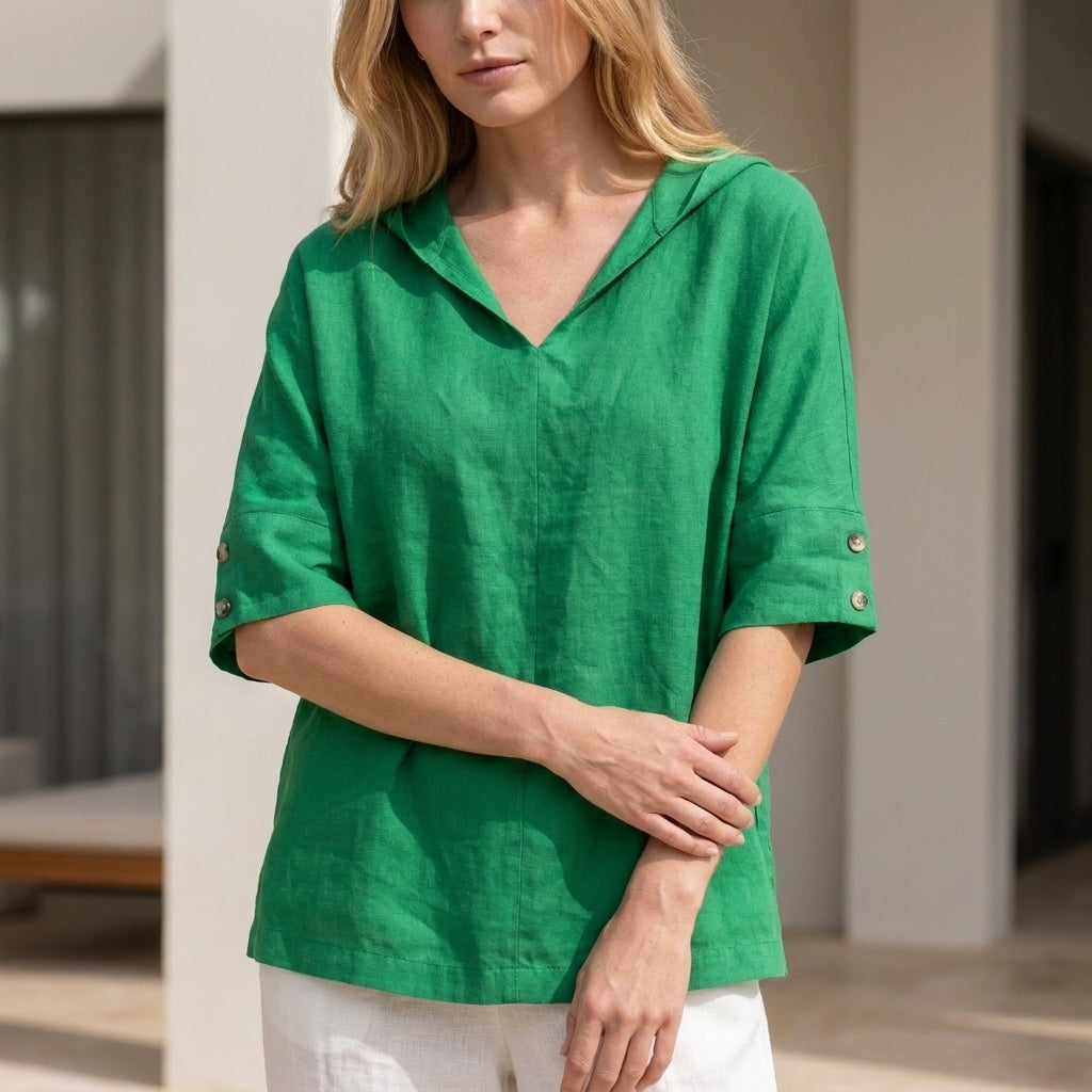 Relaxed Linen Blend Blouse with Soft Open Collar Neckline