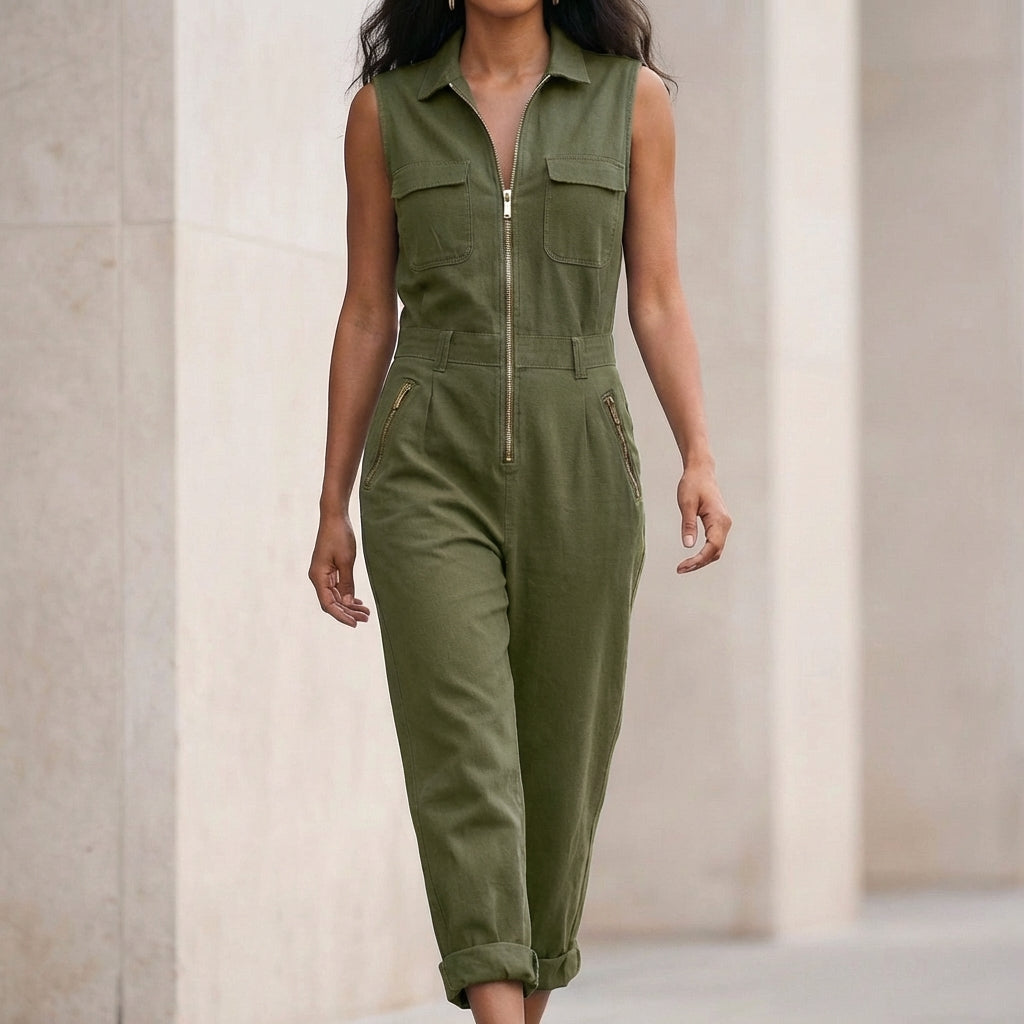 Relaxed Sleeveless Utility Jumpsuit with Zip-Front and Tailored Cuffs