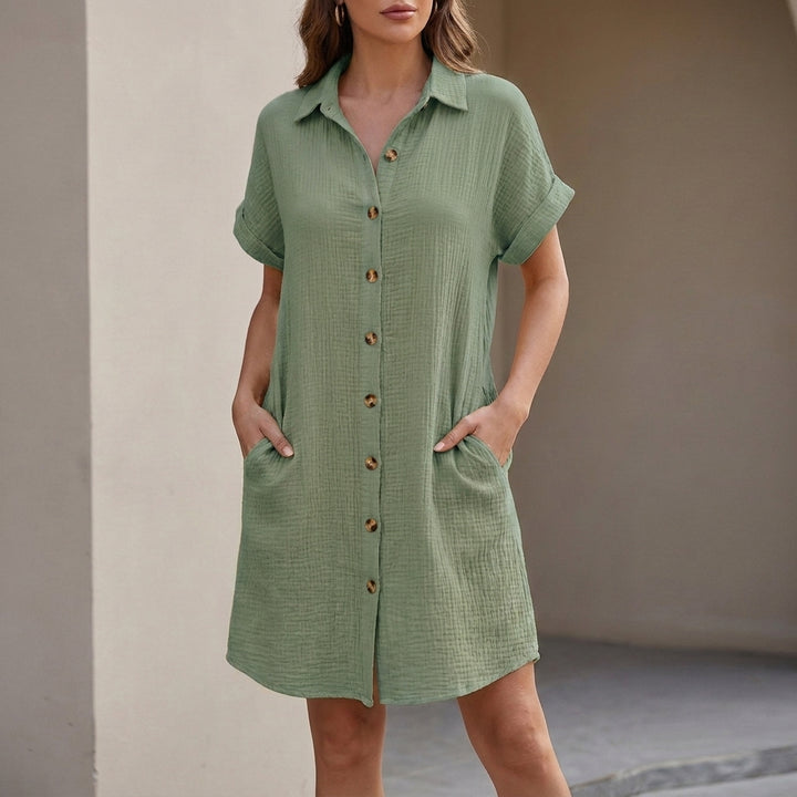 Relaxed Button-Front Shirt Dress with Rolled Sleeves and Pocket Detail