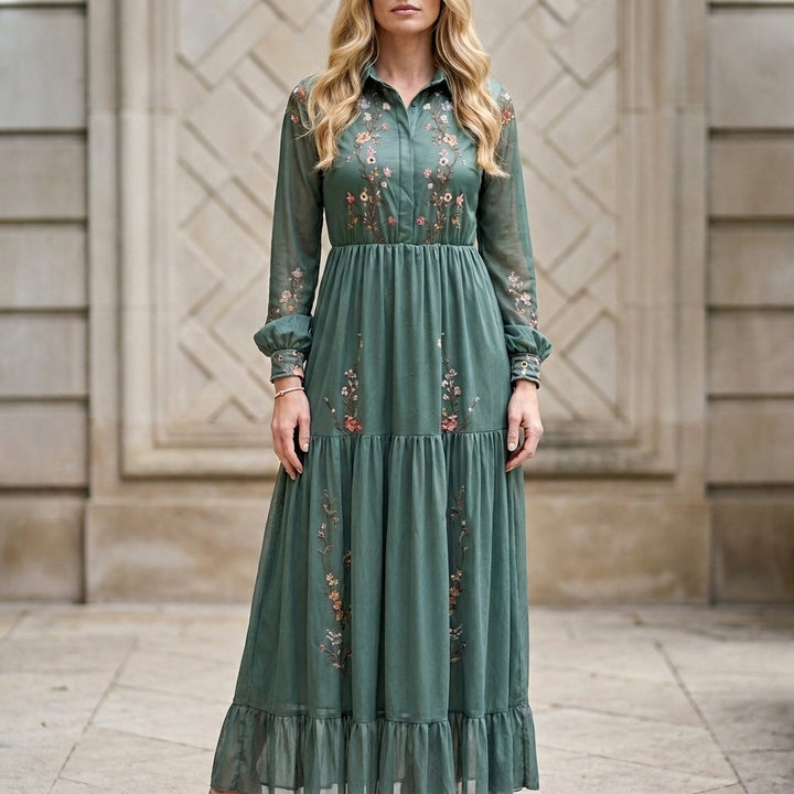 Floral Embroidered Tiered Maxi Dress with Gathered Waist