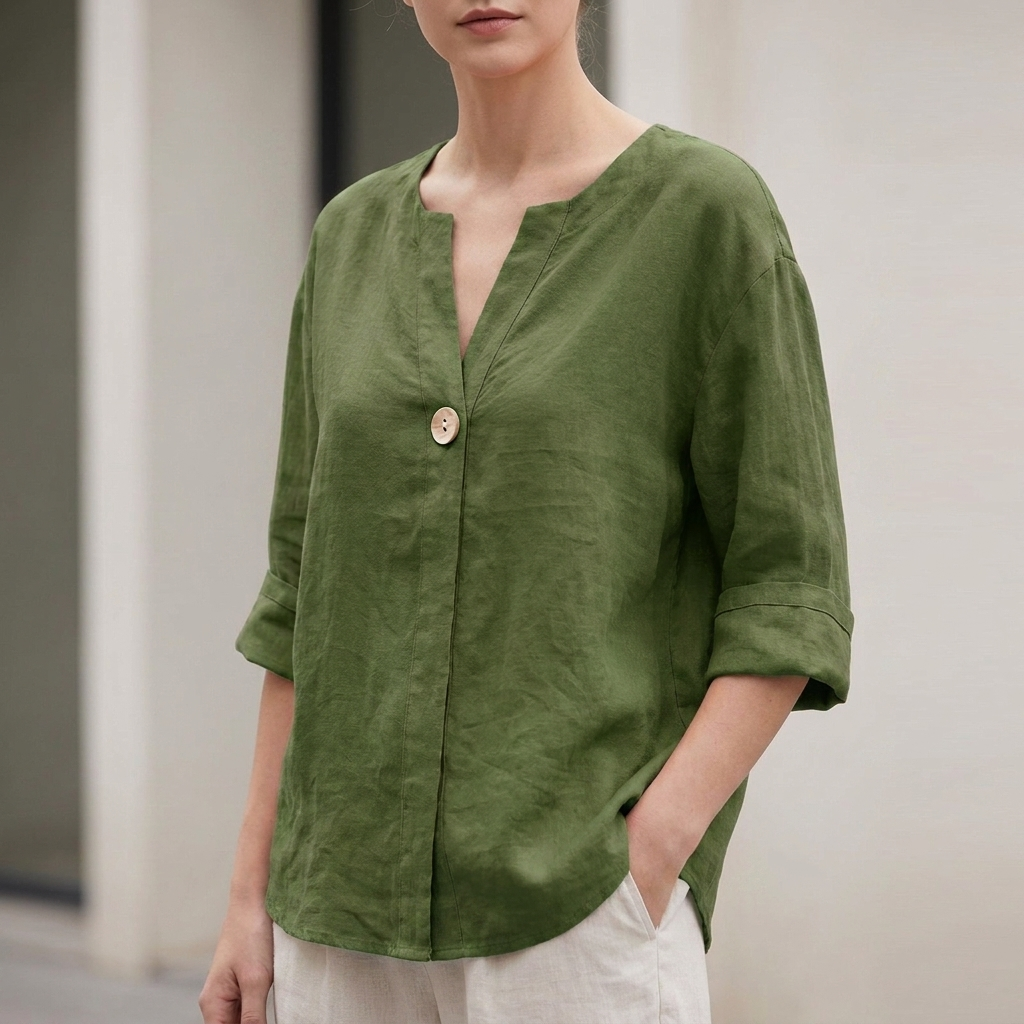 Relaxed Linen Blend Blouse with Statement Button Detail