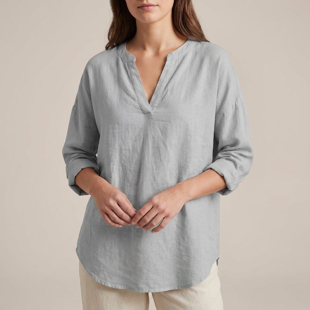 Relaxed-Fit Tunic Blouse with Split V-Neck and Curved Hem