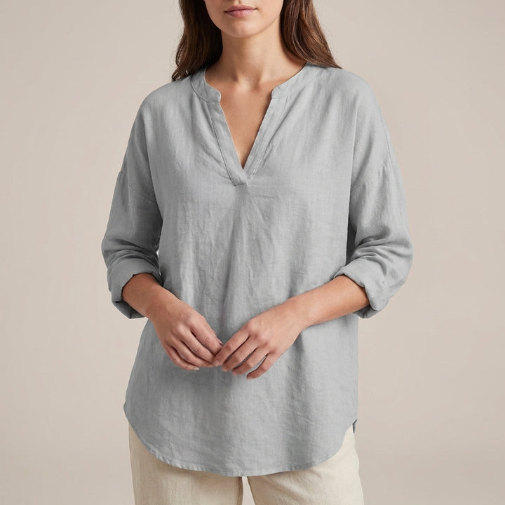 Relaxed-Fit Tunic Blouse with Split V-Neck and Curved Hem