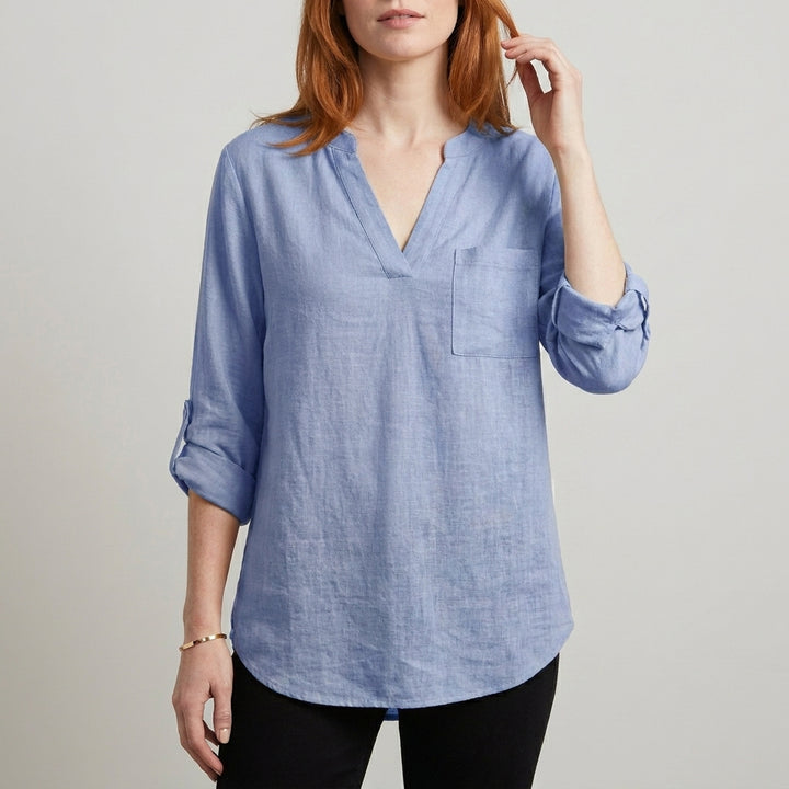 Relaxed V Neck Tunic Blouse with Roll Tab Sleeves