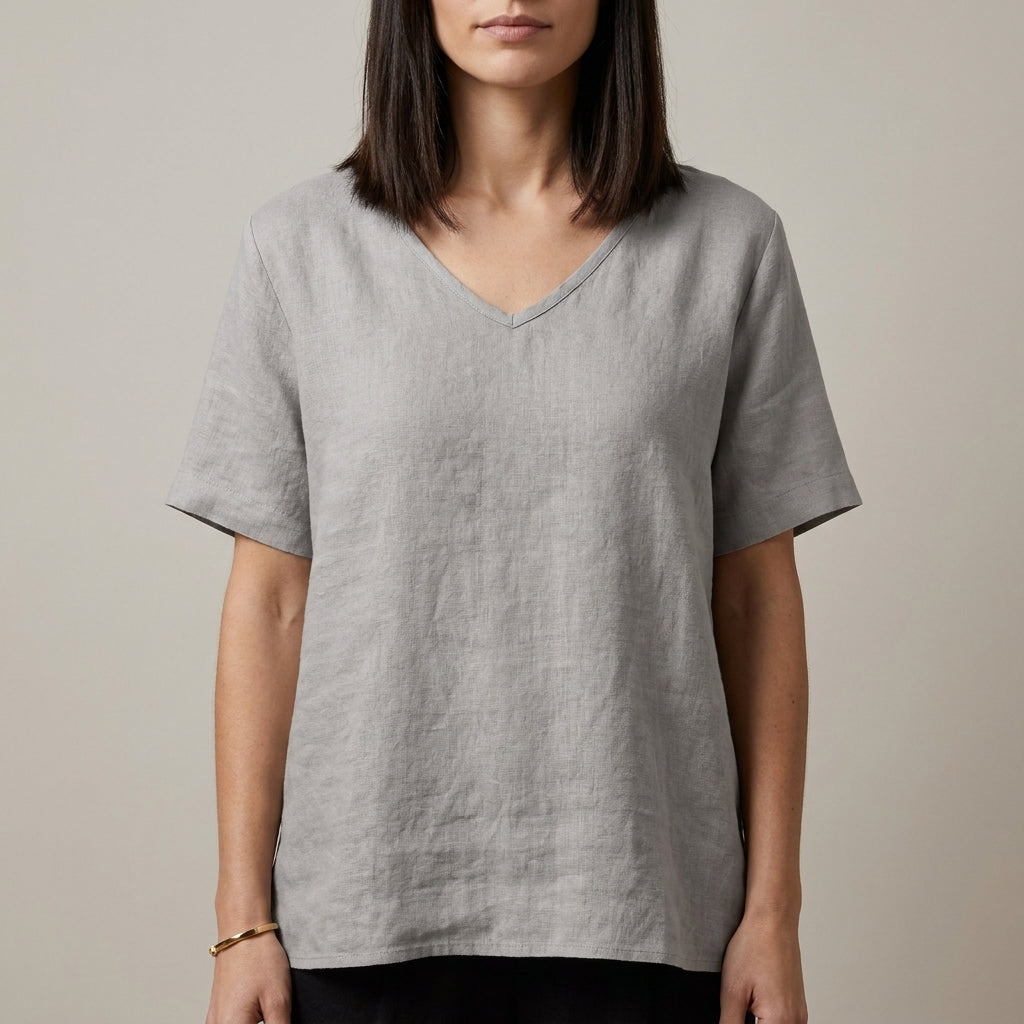 Relaxed V Neck Tunic Blouse with Effortless Draped Silhouette