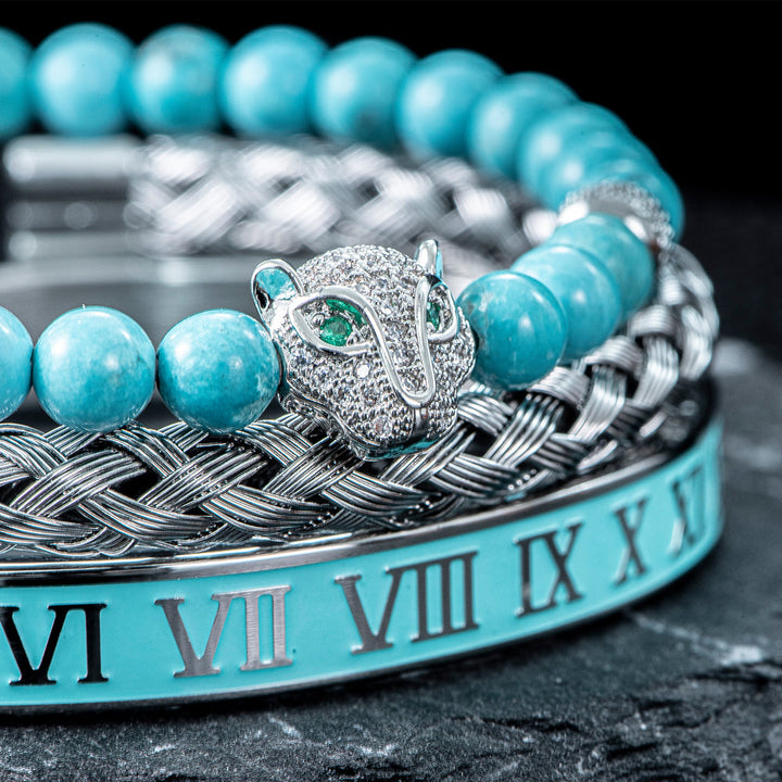 Oscar Panther Head Jeweled Cuff Bracelet Set | Textured Braided Beaded Bracelet