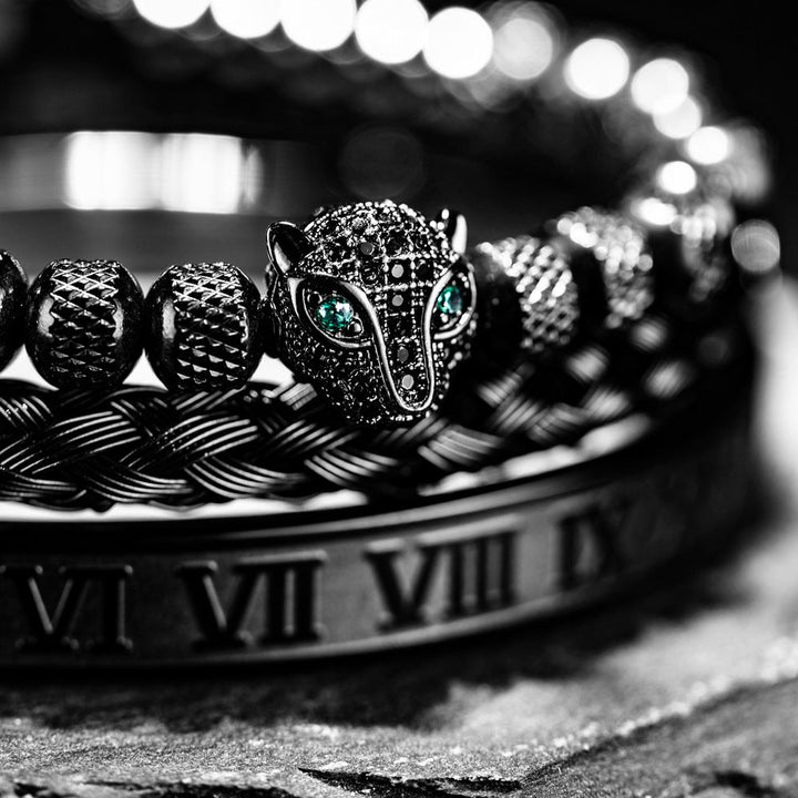 Oscar Panther Head Jeweled Cuff Bracelet Set | Textured Braided Beaded Bracelet