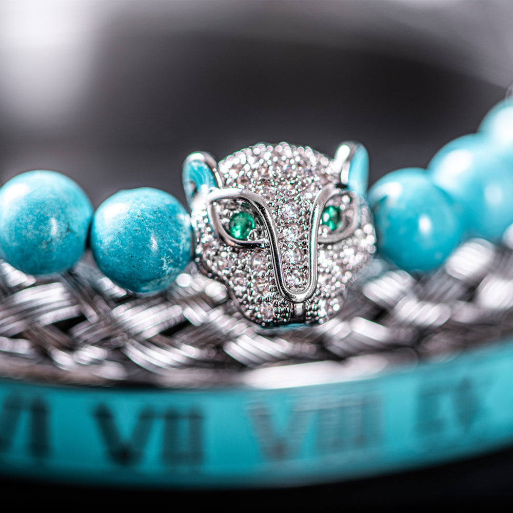 Oscar Panther Head Jeweled Cuff Bracelet Set | Textured Braided Beaded Bracelet