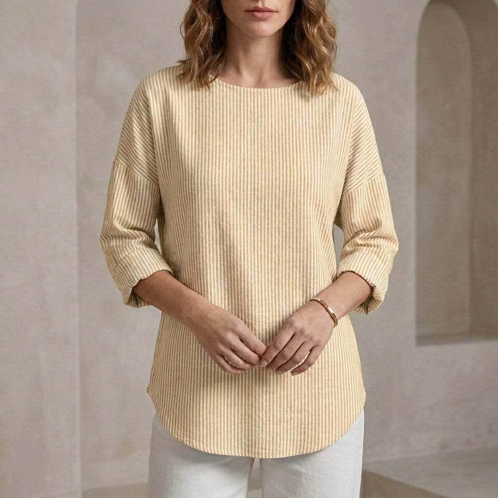 Relaxed Textured Blouse with Rolled Sleeves and Curved Hemline