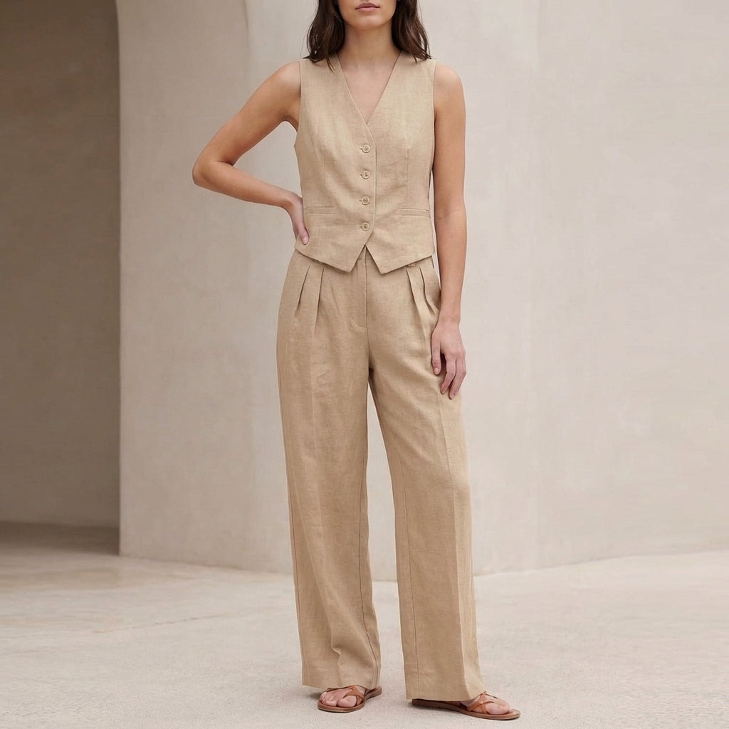 Tailored Linen Blend Vest and Wide Leg Trouser Set