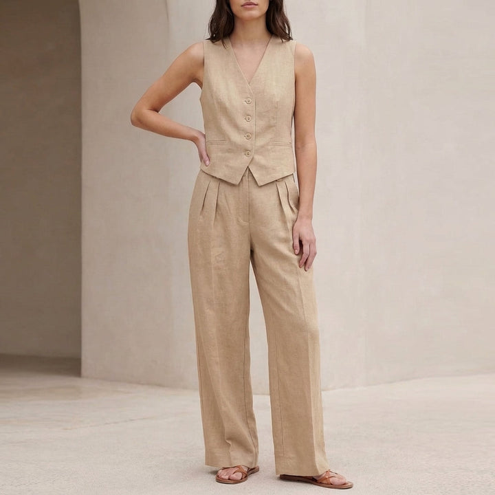 Tailored Linen Blend Vest and Wide Leg Trouser Set