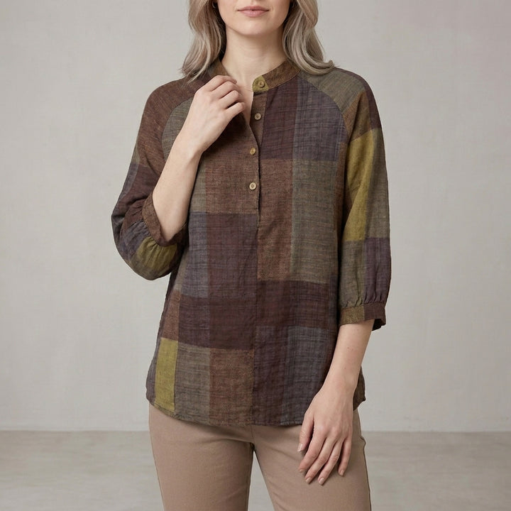 Relaxed Patchwork Print Blouse with Mandarin Collar and Button Front