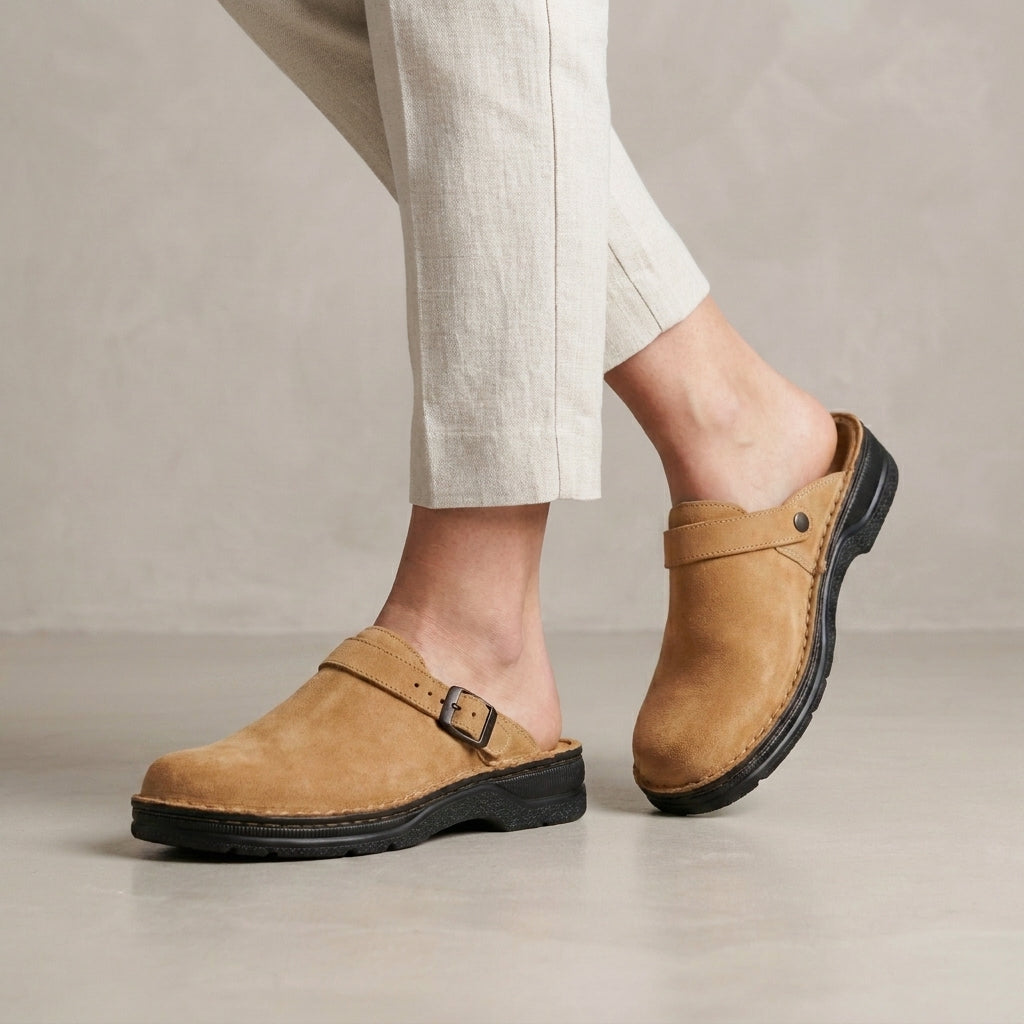 Classic Buckled Clog Slides with Rounded Closed Toe Design