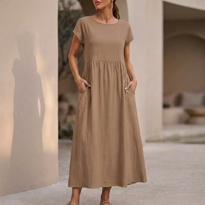 Relaxed-Fit Midi Dress with Gathered Waist and Pockets