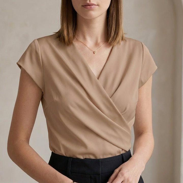 Tailored Wrap Neck Blouse with Soft Draped Cap Sleeves