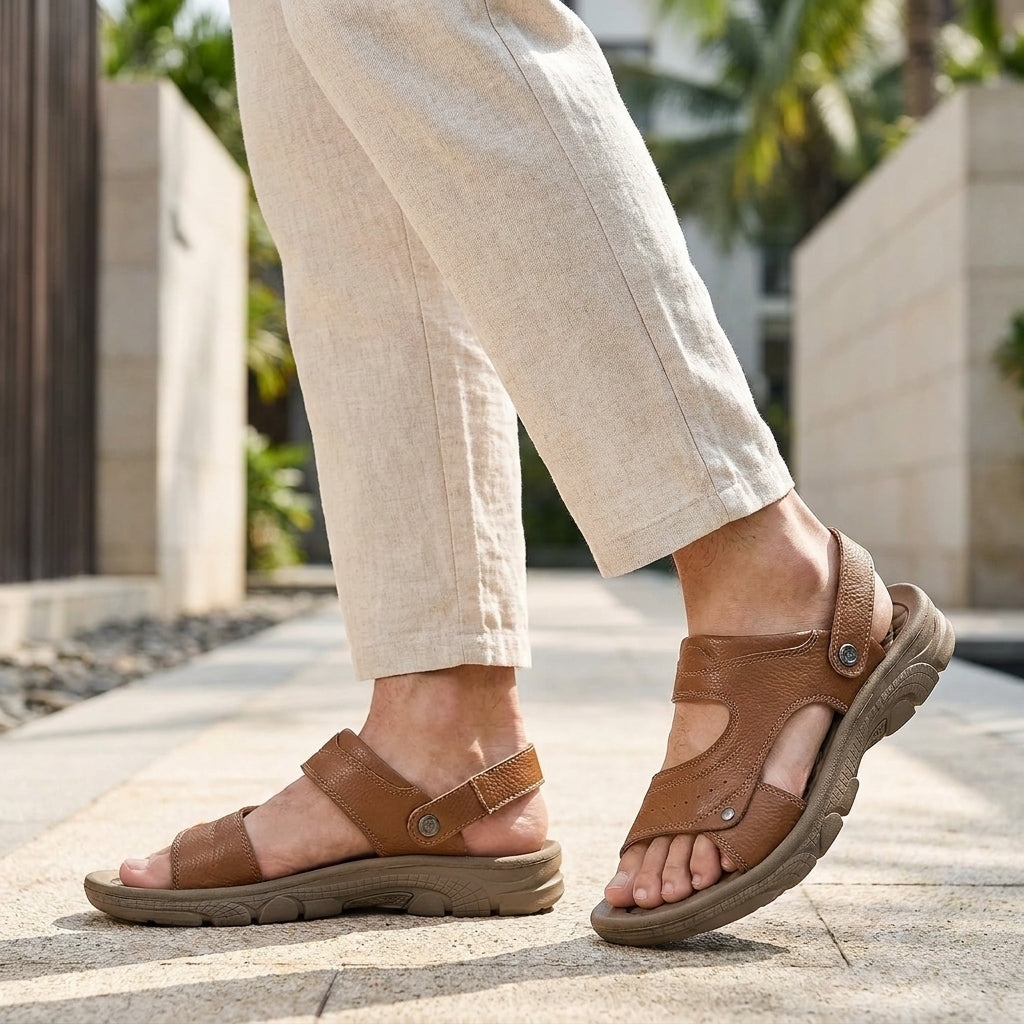 Pebbled Outdoor Sandals with Adjustable Heel Strap and Rugged Sole