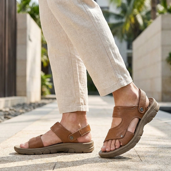 Pebbled Outdoor Sandals with Adjustable Heel Strap and Rugged Sole