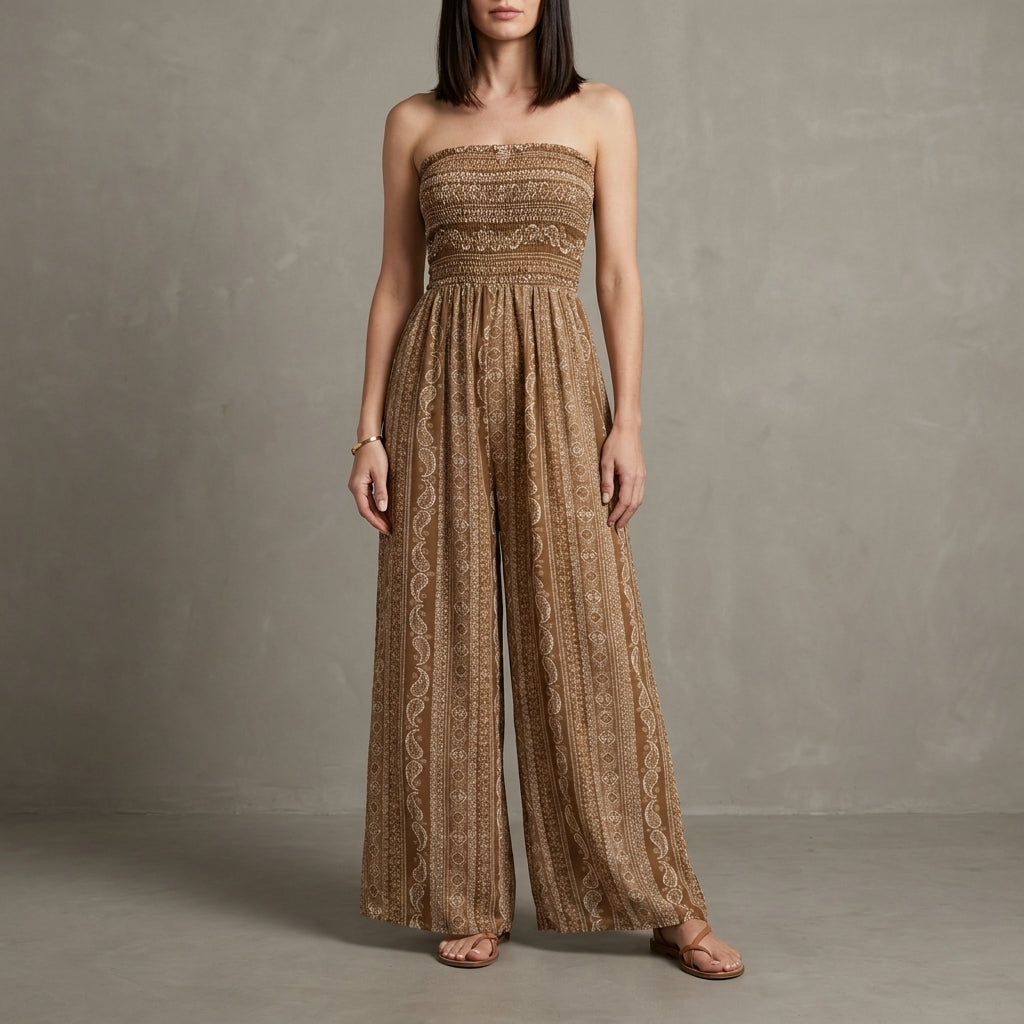 Smocked Strapless Wide Leg Jumpsuit with Ornamental Vertical Print