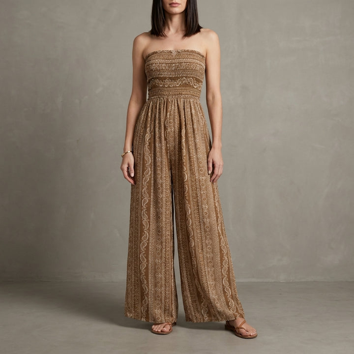 Smocked Strapless Wide Leg Jumpsuit with Ornamental Vertical Print