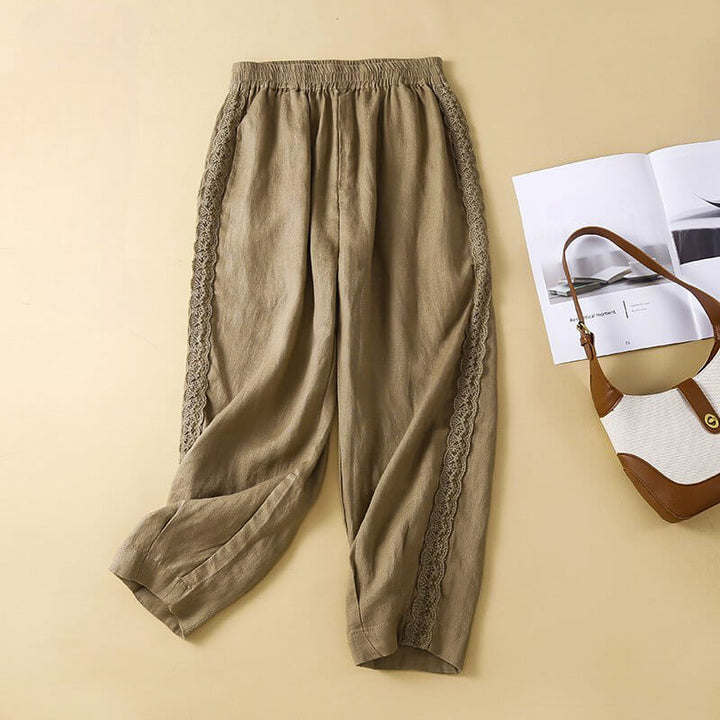 Relaxed Cropped Tapered Pants with Lace Trim