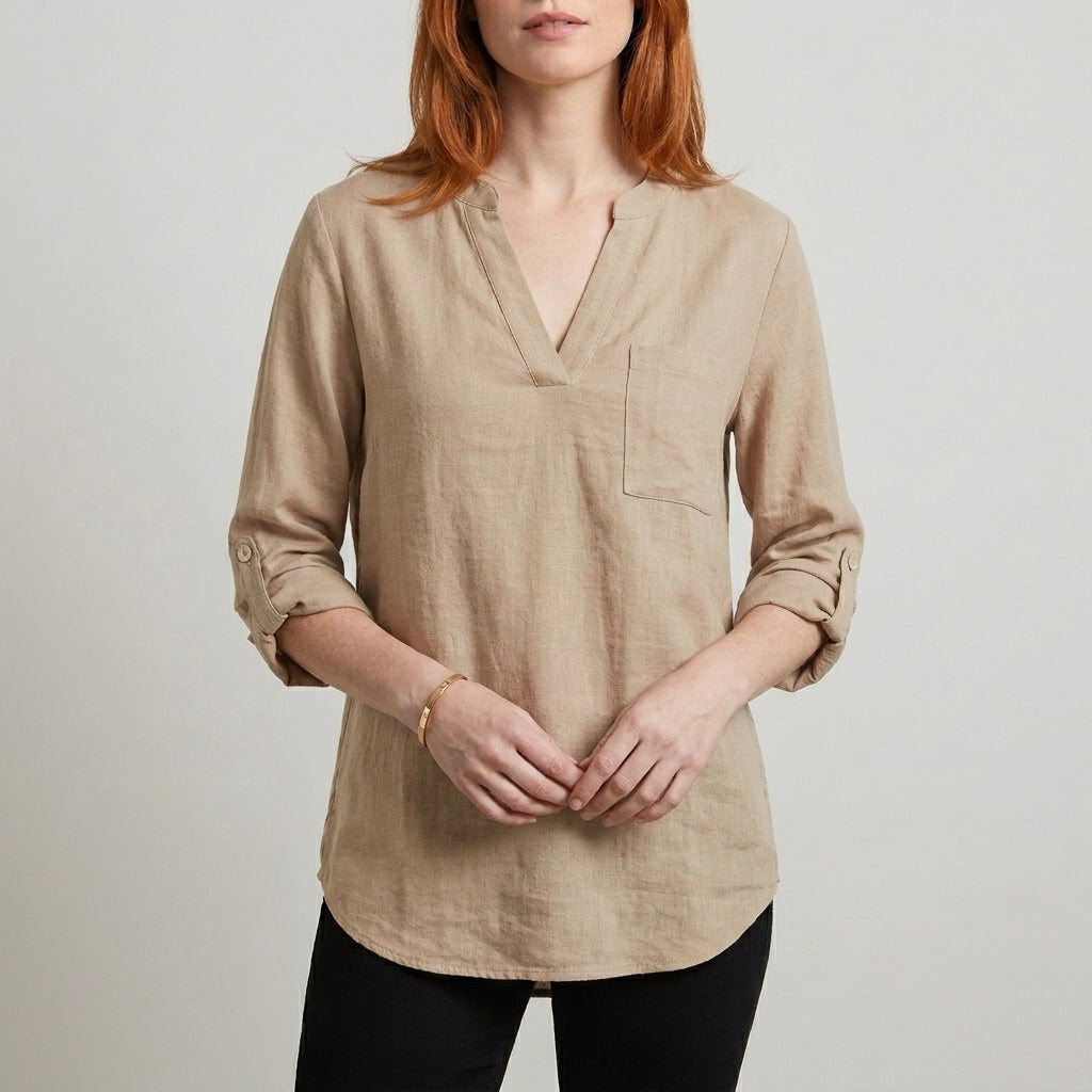 Relaxed V Neck Tunic Blouse with Roll Tab Sleeves