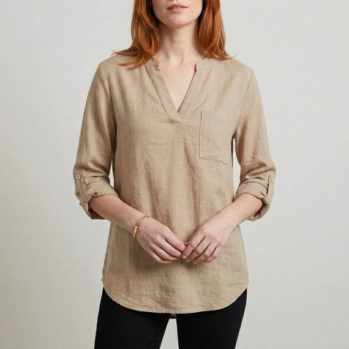 Relaxed V Neck Tunic Blouse with Roll Tab Sleeves