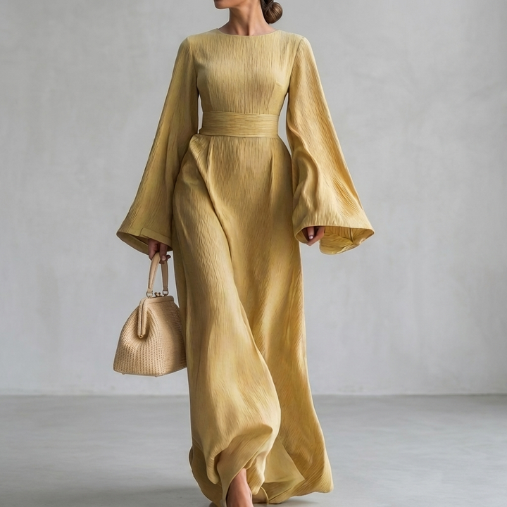 Flowing Maxi Dress with Draped Waist and Bell Sleeves