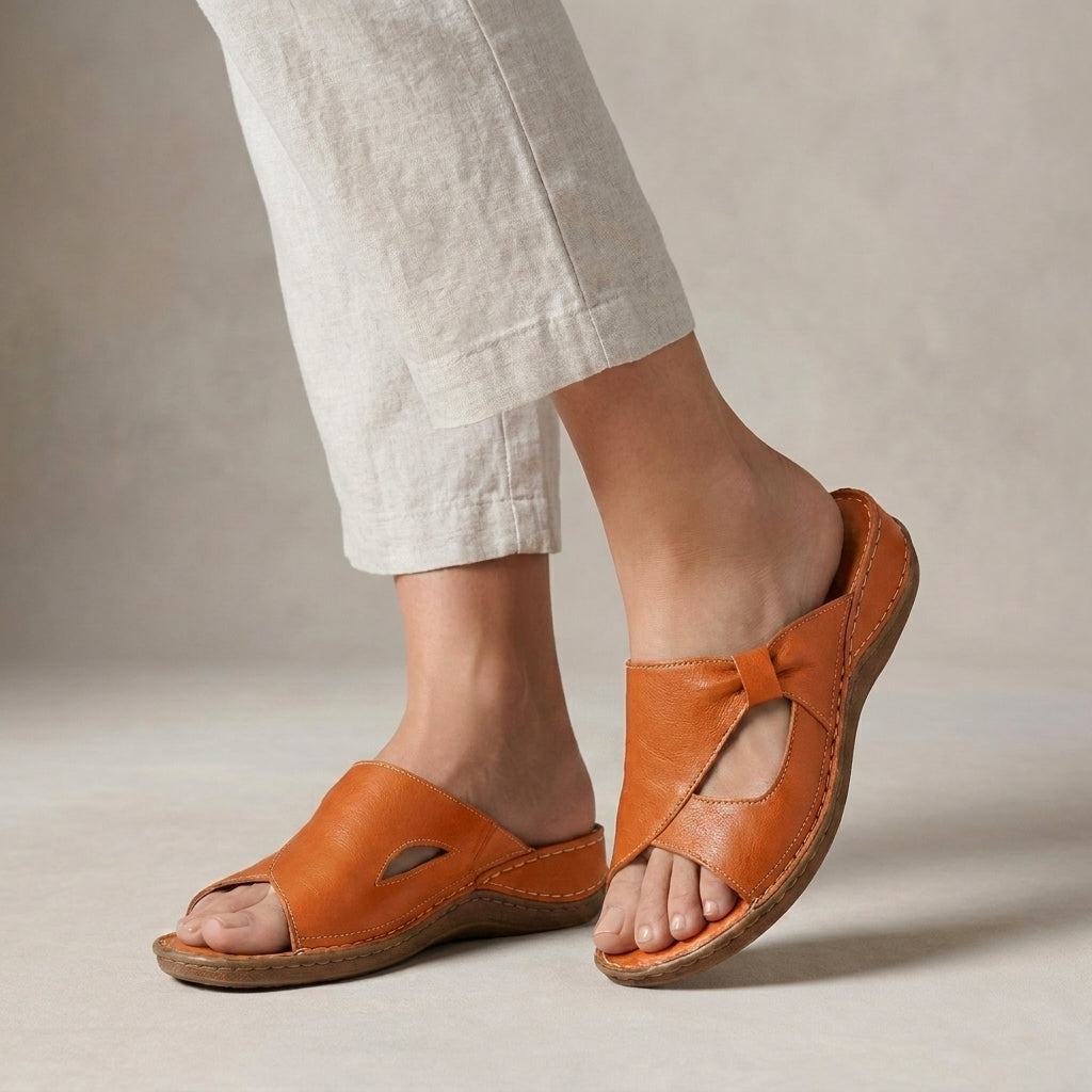 Orthopedic Slide Sandals with Bow-Embellished Cut-Out Strap
