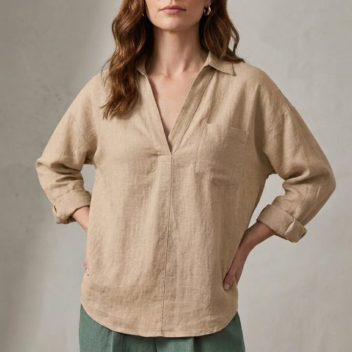 Relaxed Fit Blouse with Soft V Neck and Pocket Detail
