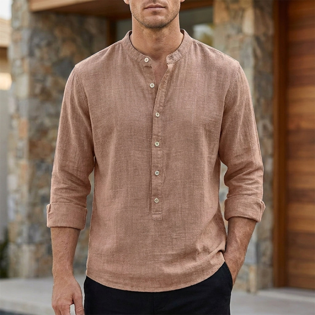 Relaxed Band Collar Linen Blend Shirt with Button Placket