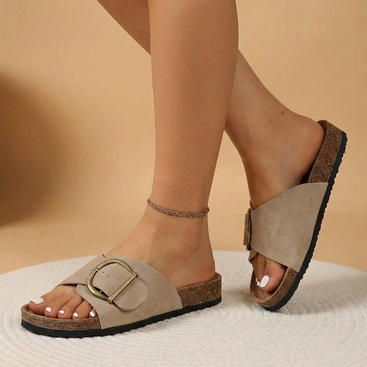 Open-Toe Slide Sandals with Bold D-Ring Buckle