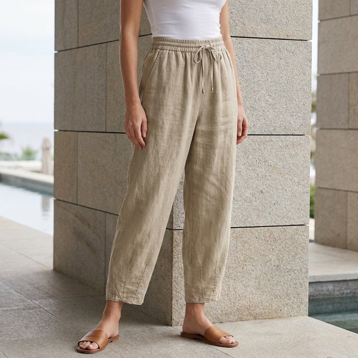 Relaxed Cropped Pants with Gathered Waist and Side Slits