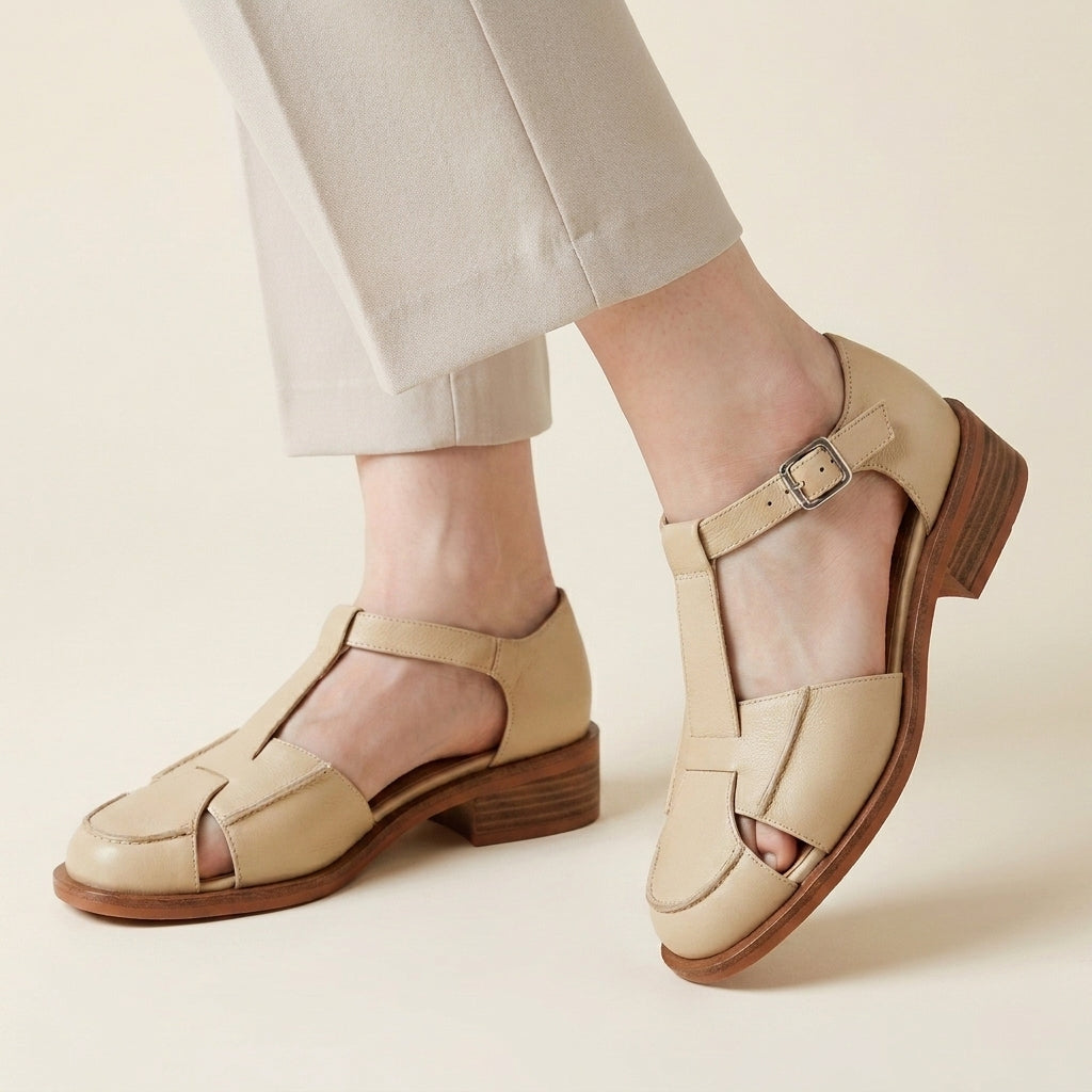 Vintage T Strap Buckled Flats with Cutout Detail