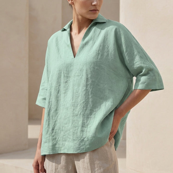 Loose V-Neck Shirt with Lapel Collar and Cuffed Sleeves