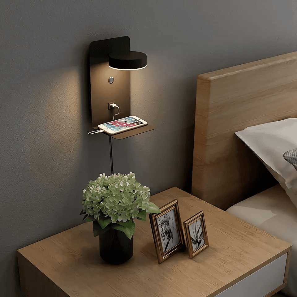Minimalist LED Wall Lamp with USB Charger and Shelf