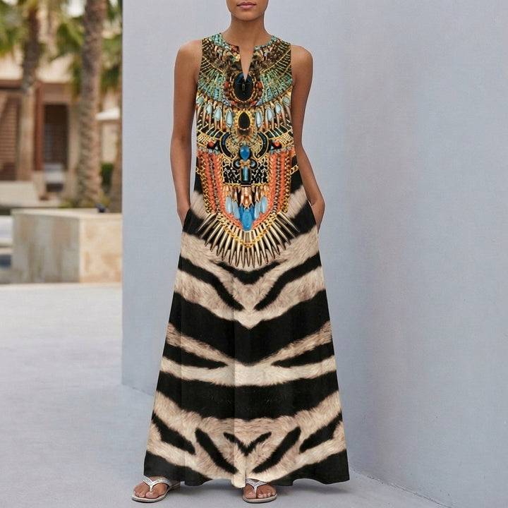 Sleeveless Floral Print Maxi Dress with Notched Neckline and Pockets