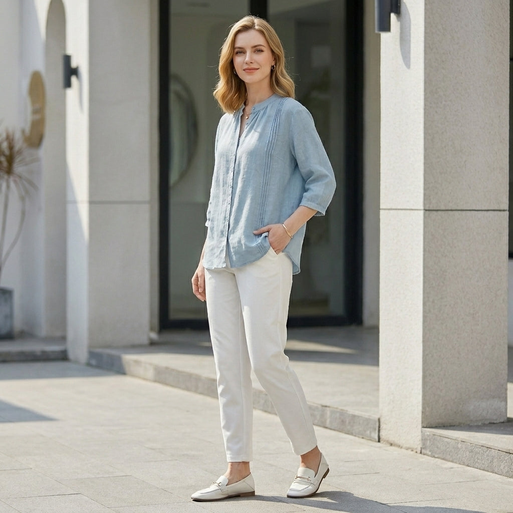 Relaxed Fit Blouse with Pintuck and Band Collar