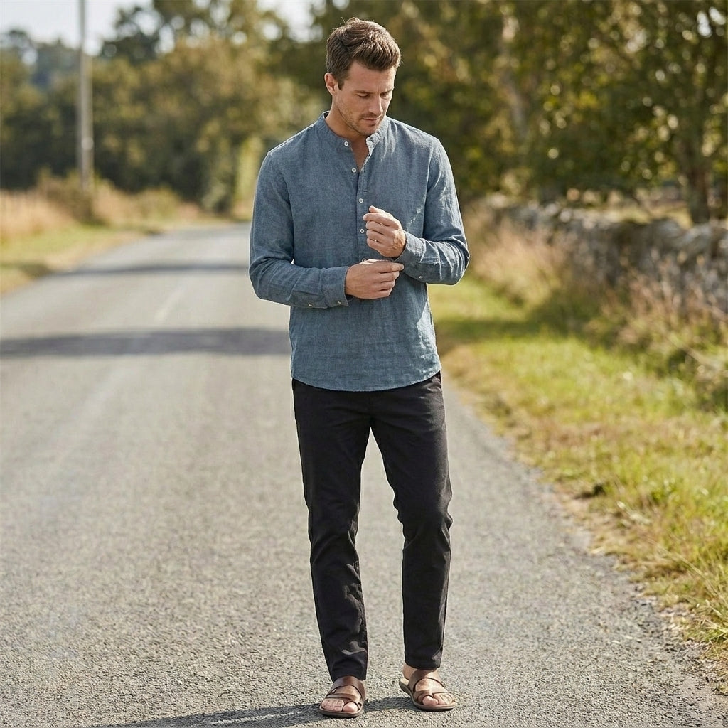 Relaxed Band Collar Linen Blend Shirt with Button Placket