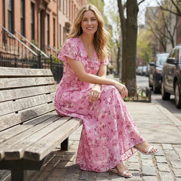 Chiffon A-Line Maxi Dress with V-Neck and Flutter Sleeves for Special Occasions