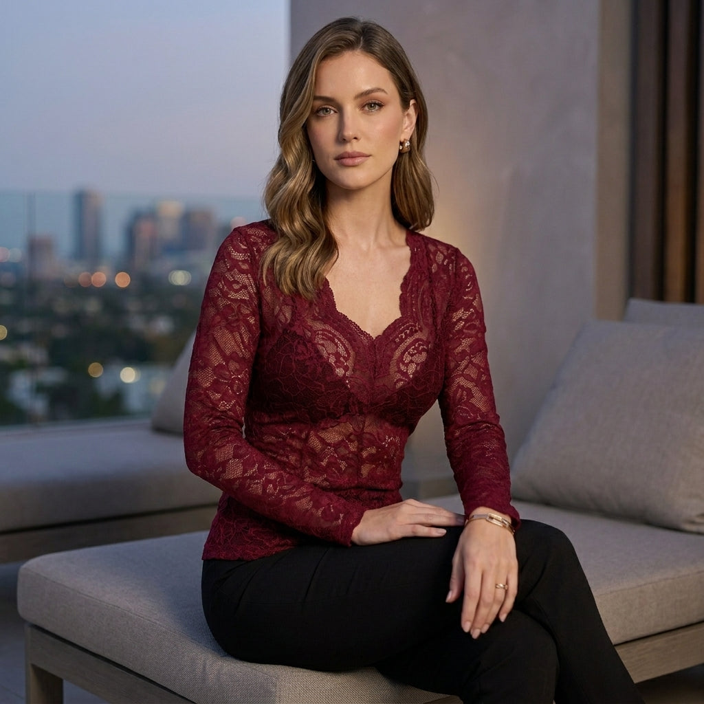 Fitted Sheer Floral Lace Top with Scalloped V-Neckline and Long Sleeves