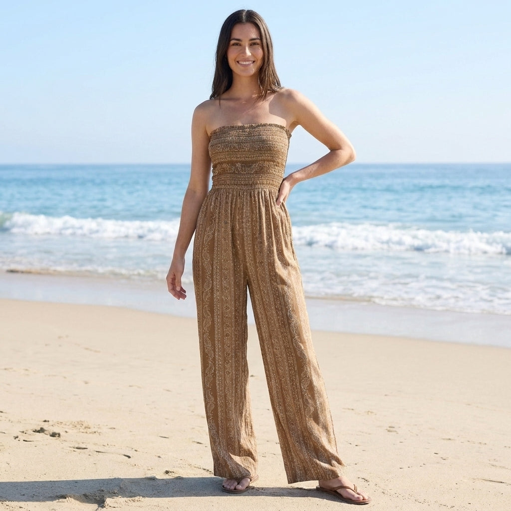 Smocked Strapless Wide Leg Jumpsuit with Ornamental Vertical Print