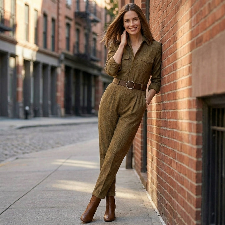 Tailored Belted Utility Jumpsuit with Refined Check Pattern