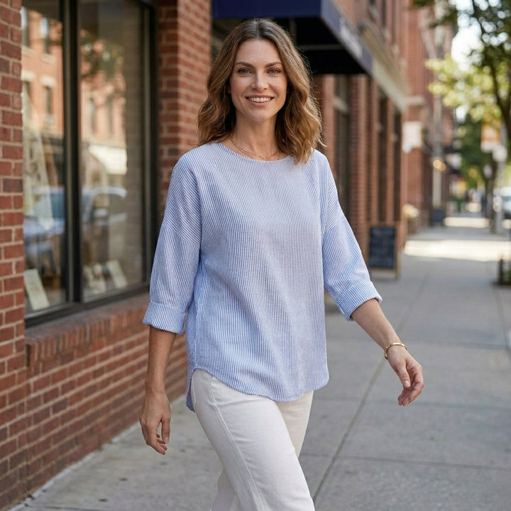 Relaxed Textured Blouse with Rolled Sleeves and Curved Hemline